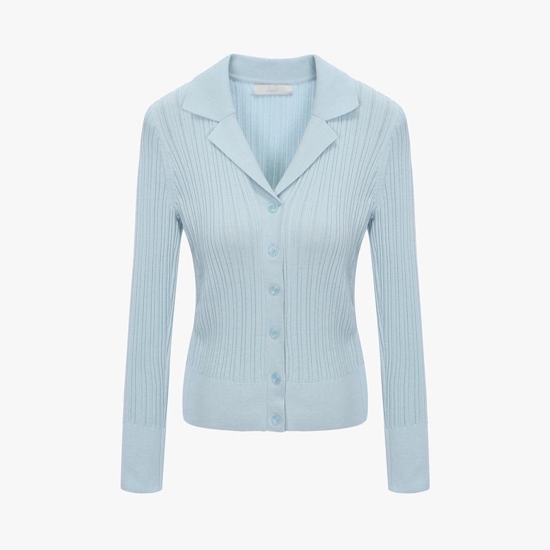 Ladies’ Pure Cotton Vertical Crochet Slim Collared Long Sleeve Cardigan Top Knitwear