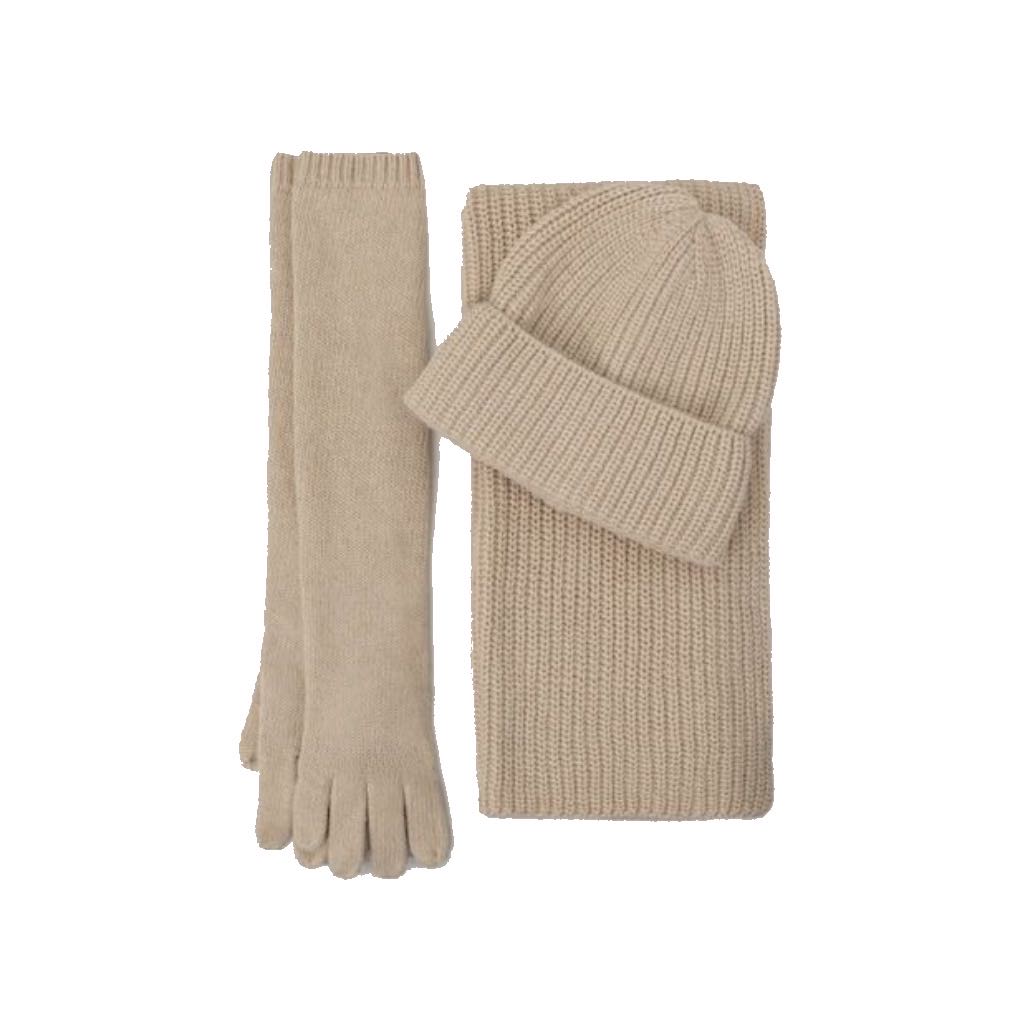 100% Cashmere Long Gloves, Beanie and Scarf Three-piece Set for Women