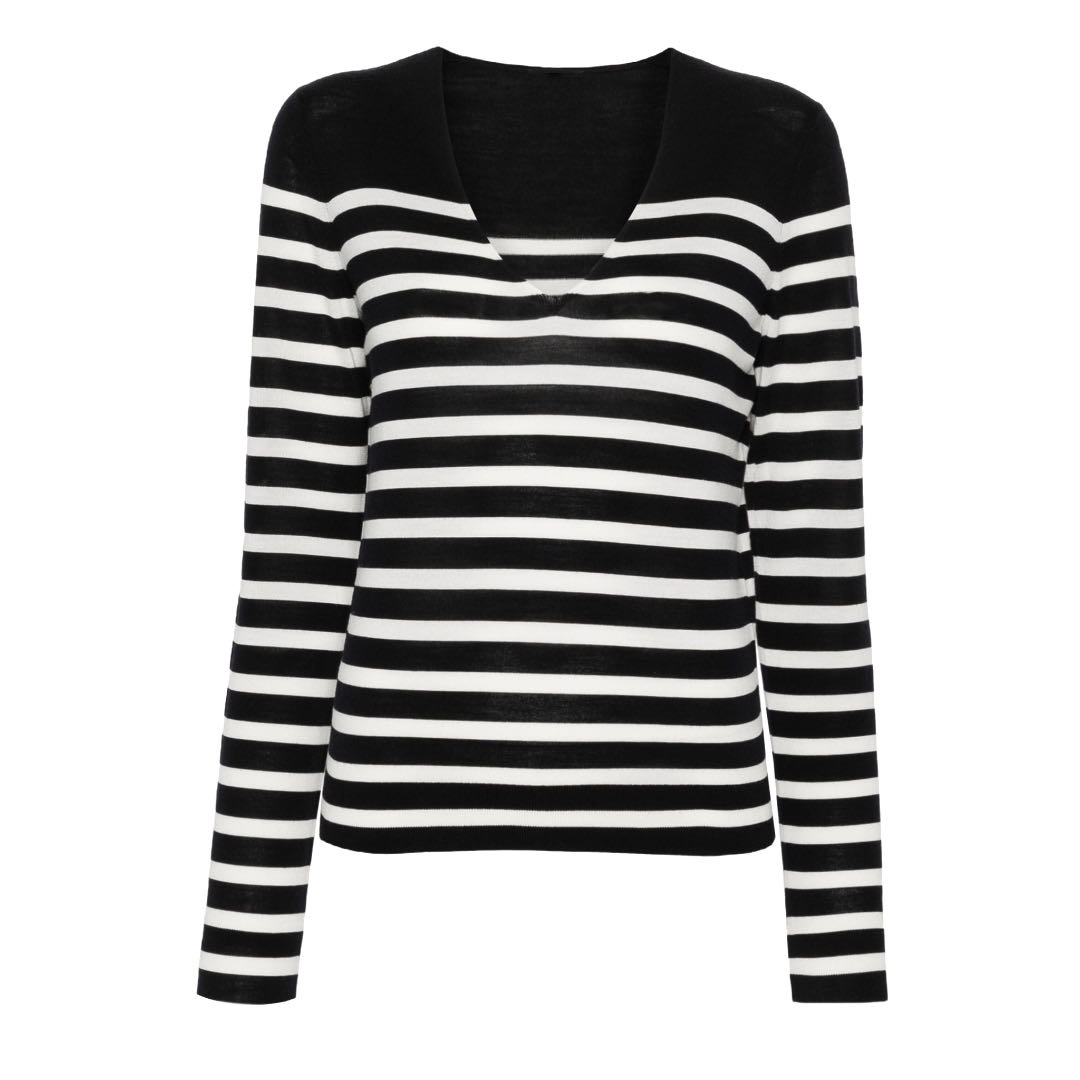 Ladies’ Pure Wool Plain Knitting Deep V-neck Stripe Jumper Top Sweater