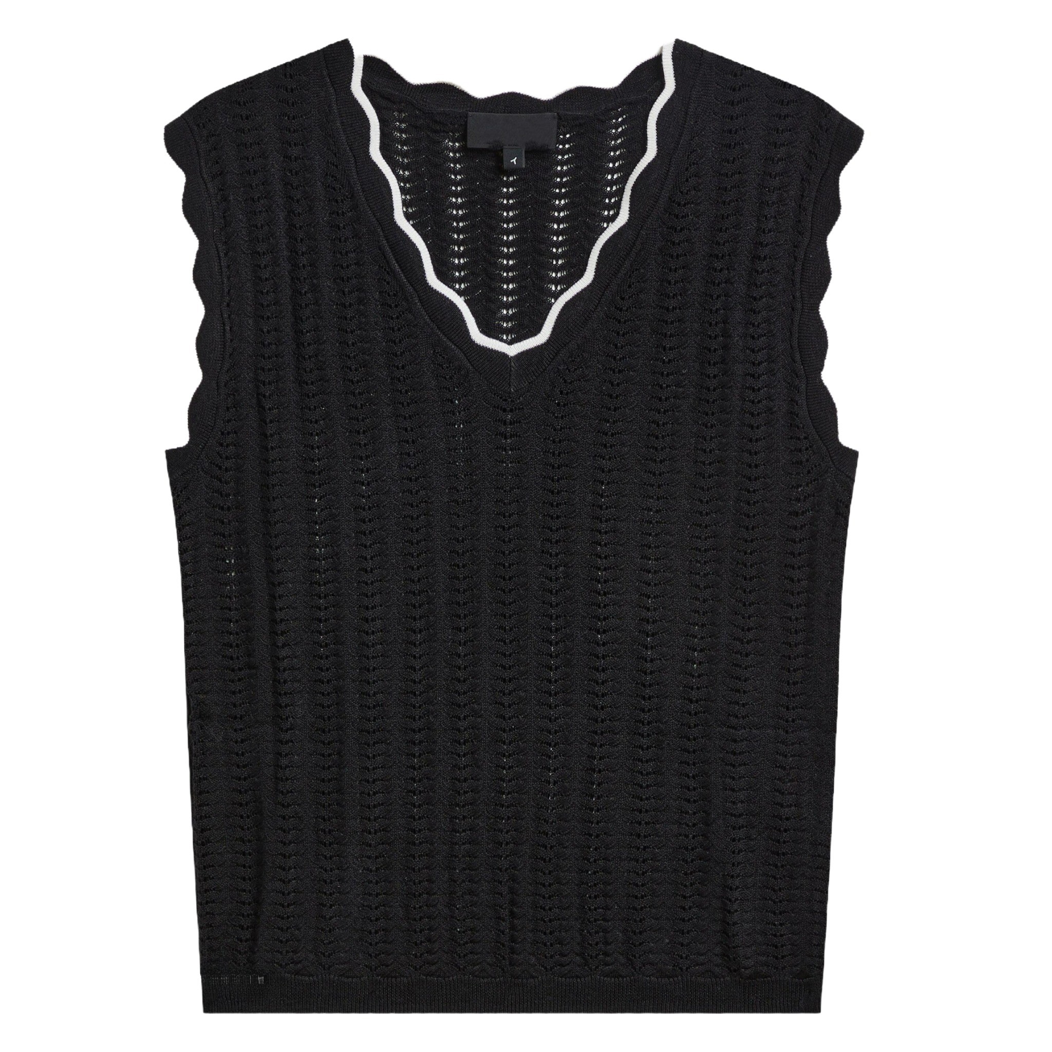 Hot Sale Women’s Black Silk and Linen Ruffle V-neck Jumper Vest for Ladies’ Knitwear