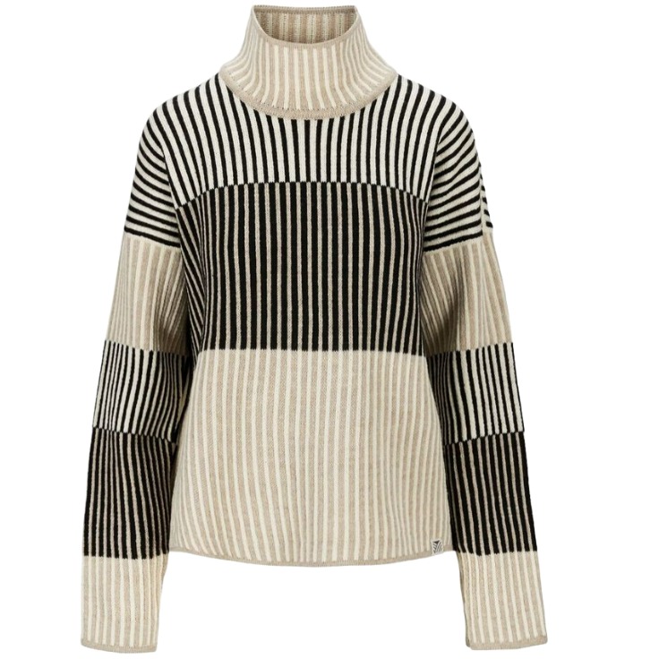 Ladies’ Pure Wool Melange Color Vertical Striped Turtle Neck Pullover with Off shoulder