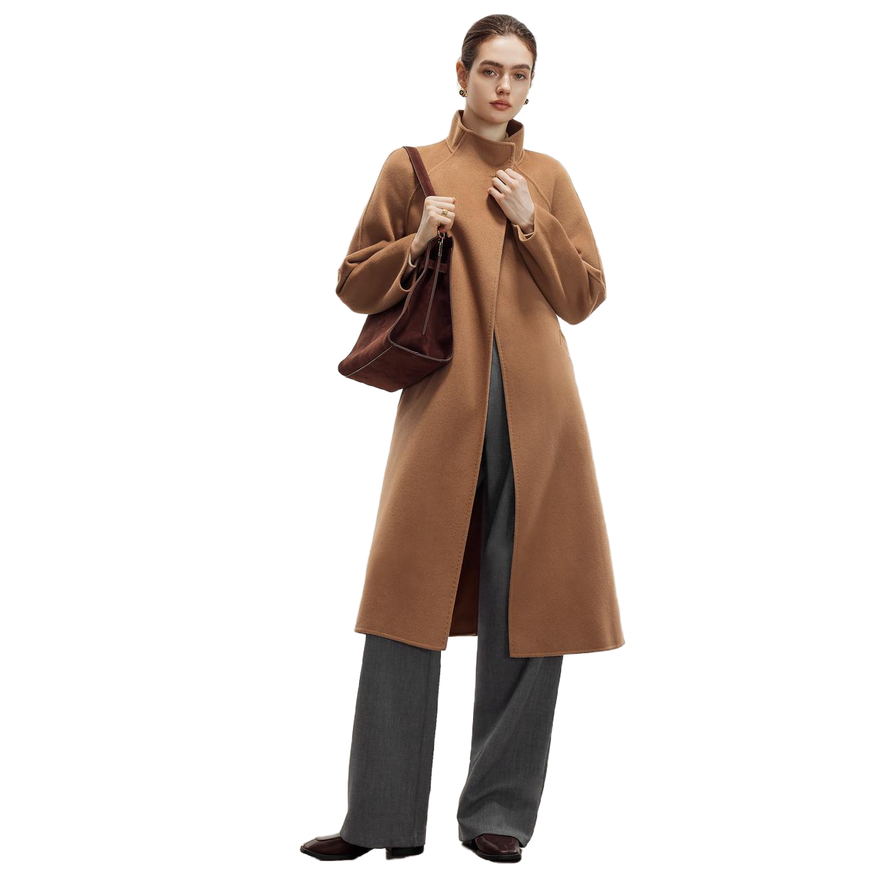 Custom Elegant Winter Women’s Camel Longline Belted Overcoat in Wool Cashmere Blend